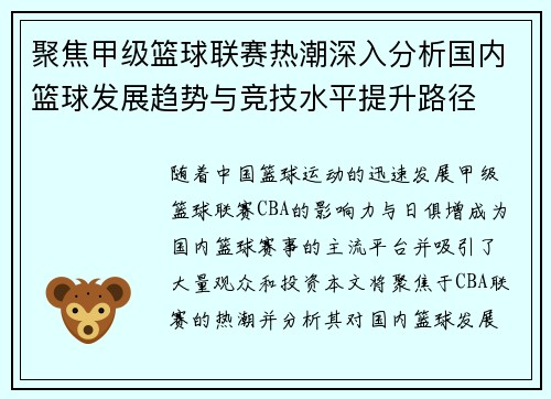 聚焦甲级篮球联赛热潮深入分析国内篮球发展趋势与竞技水平提升路径